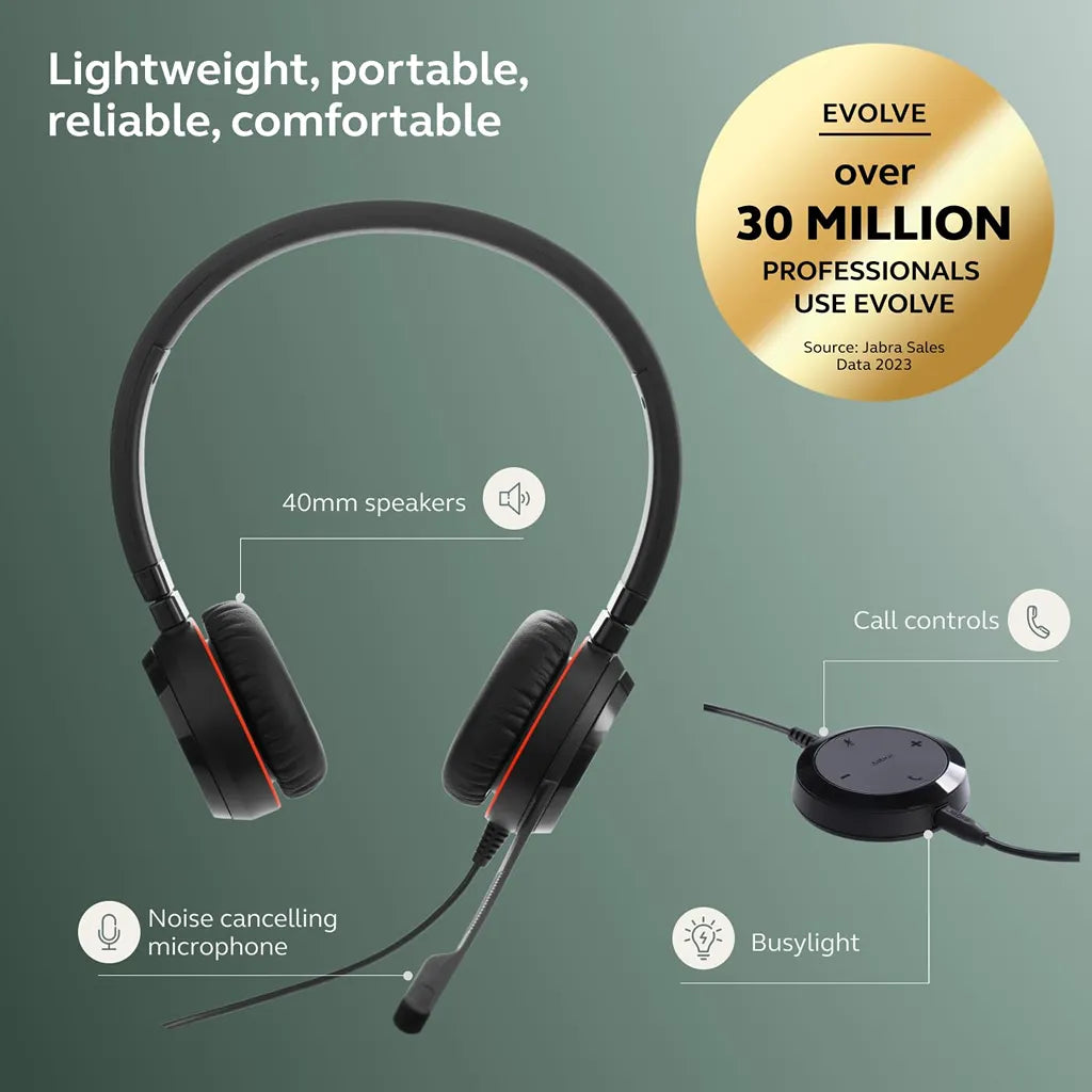 Jabra Evolve 30 II Stereo MS Headset featuring 40mm speakers, noise-cancelling microphone and busy light -tpstech.in
