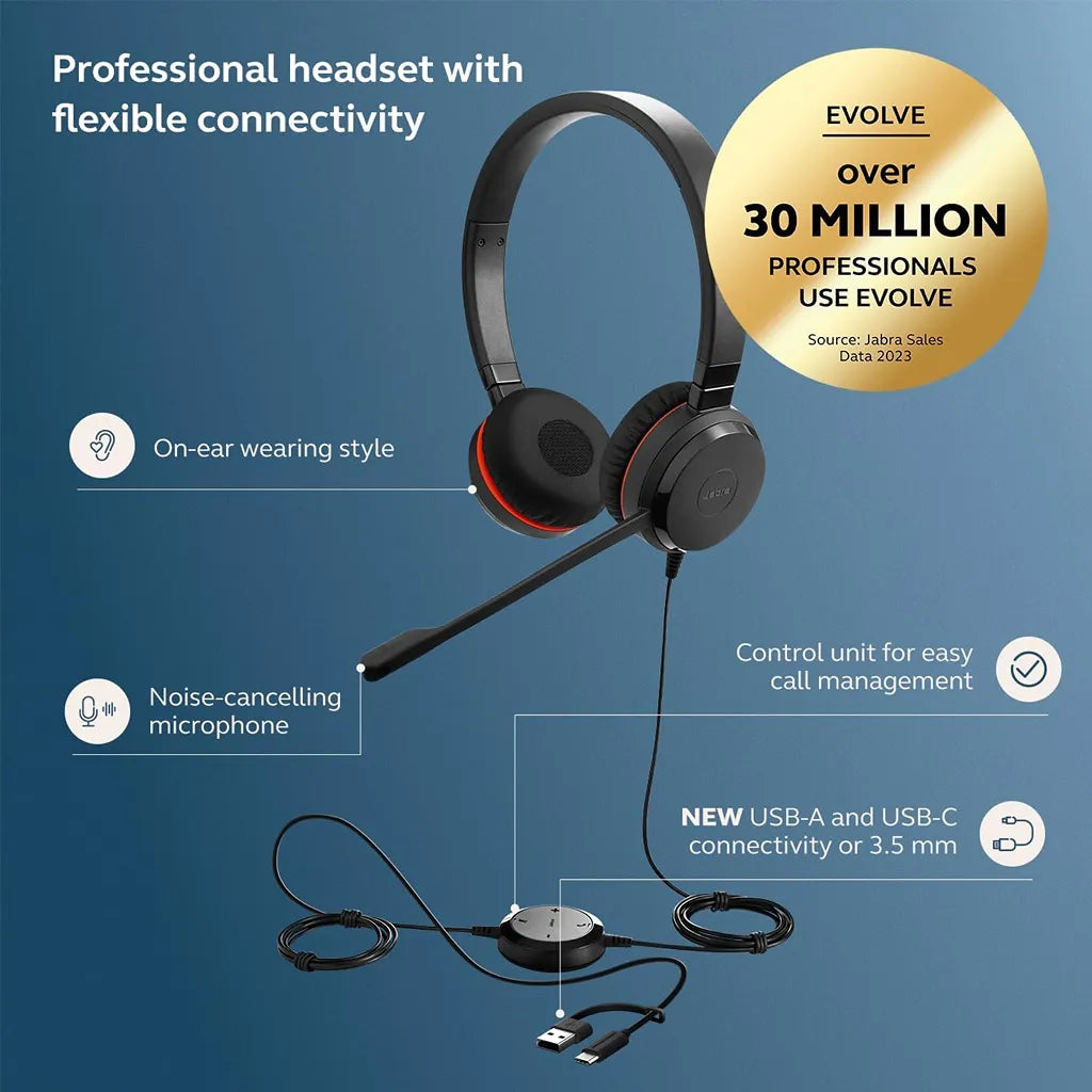Jabra Evolve 30 II Stereo MS Headset with professional connectivity, USB-C USB-A adapter and noise-cancelling microphone -tpstech.in