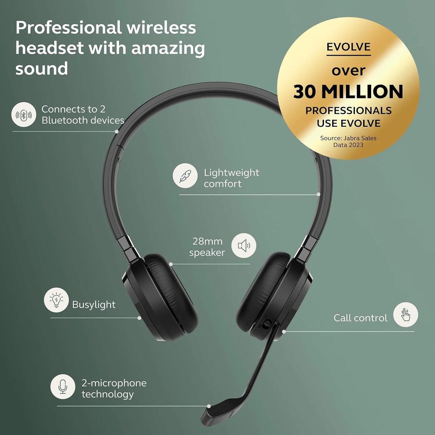 Key features diagram of Jabra Evolve 65 TE MS Duo Wireless Headset with dual connectivity, busylight, and 2-mic technology -tpstech.in