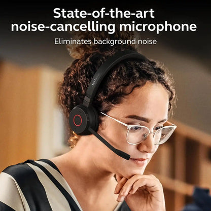 Woman wearing Jabra Evolve 65 TE MS Duo Wireless Bluetooth Headset with state-of-the-art noise-cancelling microphone -tpstech.in