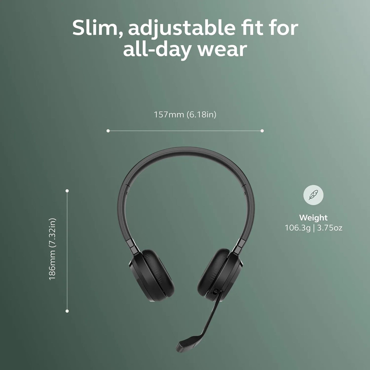 Slim and adjustable fit design of Jabra Evolve 65 TE MS Duo Wireless Bluetooth Headset showing dimensions and weight -tpstech.in