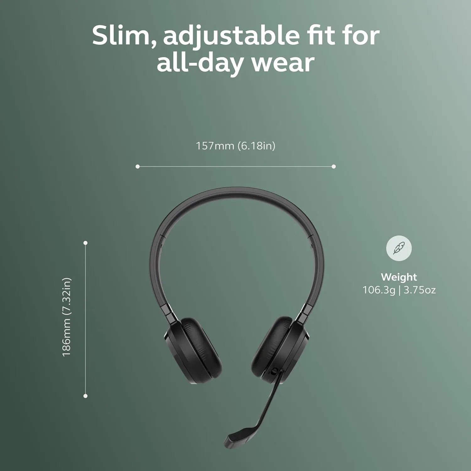 Slim and adjustable fit design of Jabra Evolve 65 TE MS Duo Wireless Bluetooth Headset showing dimensions and weight -tpstech.in