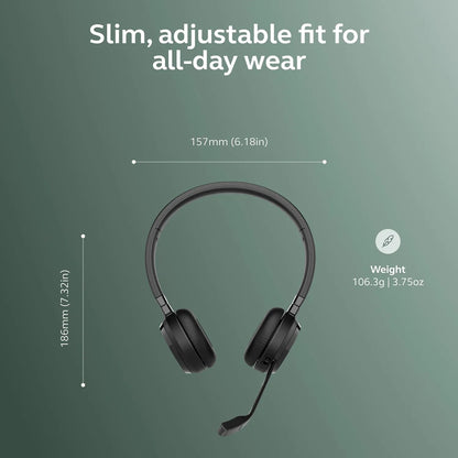 Slim and adjustable fit design of Jabra Evolve 65 TE MS Duo Wireless Bluetooth Headset showing dimensions and weight -tpstech.in