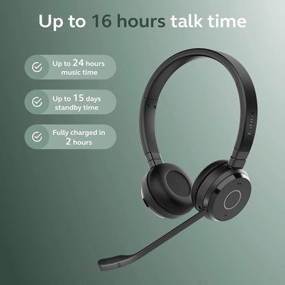 Side view of Jabra Evolve 65 TE MS Duo Wireless Bluetooth Headset highlighting up to 16 hours talk time battery life -tpstech.in