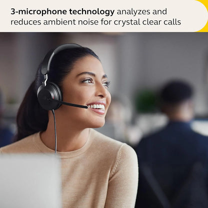 Professional wearing Jabra Evolve2 40 SE wired headset with 3-microphone technology for crystal clear office calls -tpstech.in