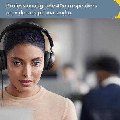 Front view of professional using Jabra Evolve2 40 SE wired headset with 40mm speakers for high quality audio -tpstech.in