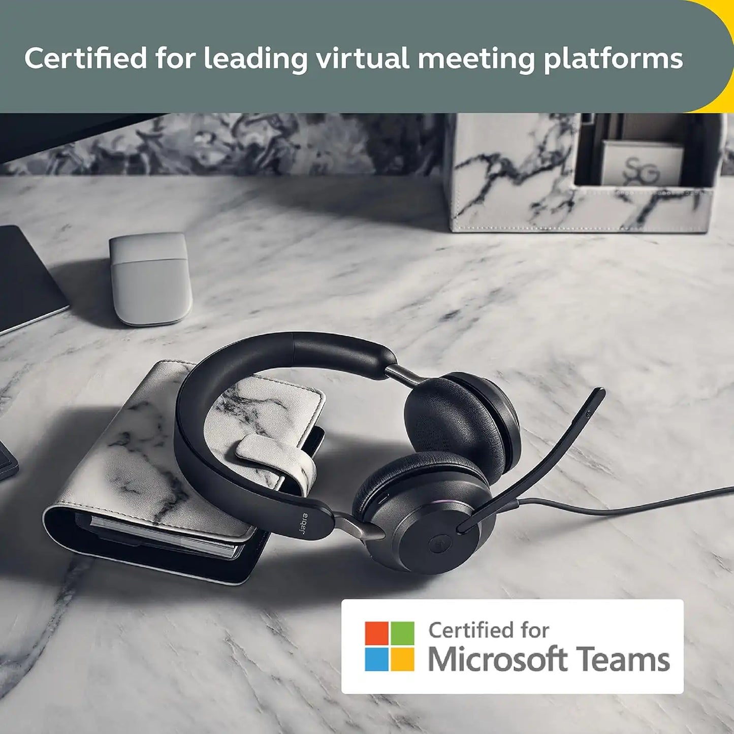 Jabra Evolve2 40 SE USB C/A UC Stereo Professional Wired Headset certified for Microsoft Teams resting on desk -tpstech.in