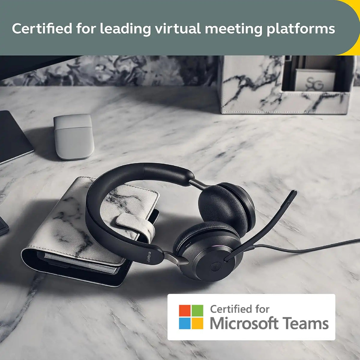 Jabra Evolve2 40 SE USB C/A UC Stereo Professional Wired Headset certified for Microsoft Teams resting on desk -tpstech.in