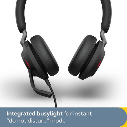 Jabra Evolve2 40 SE UC Stereo wired headset in black featuring integrated busylight for do not disturb mode -tpstech.in