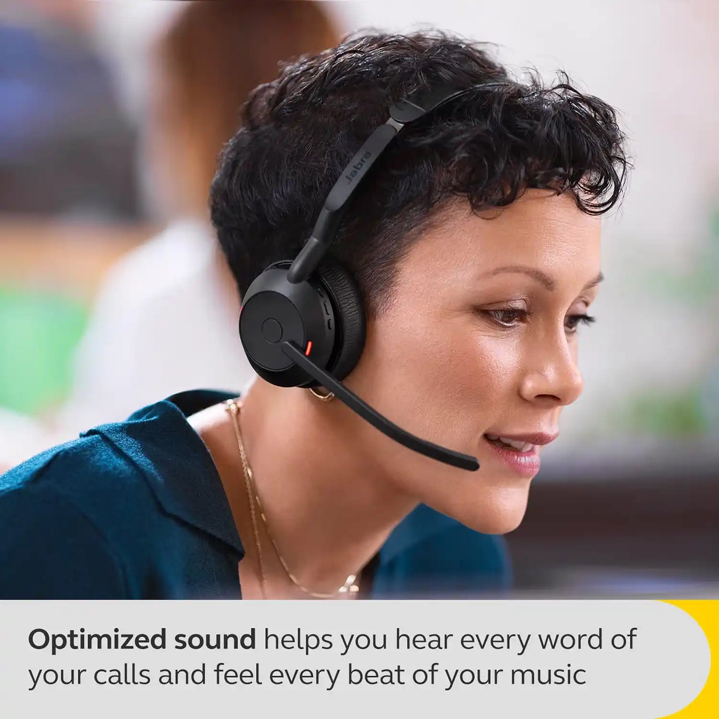 Close-up of professional wearing Jabra Evolve2 55 MS headset with optimized sound for calls and music -tpstech.in