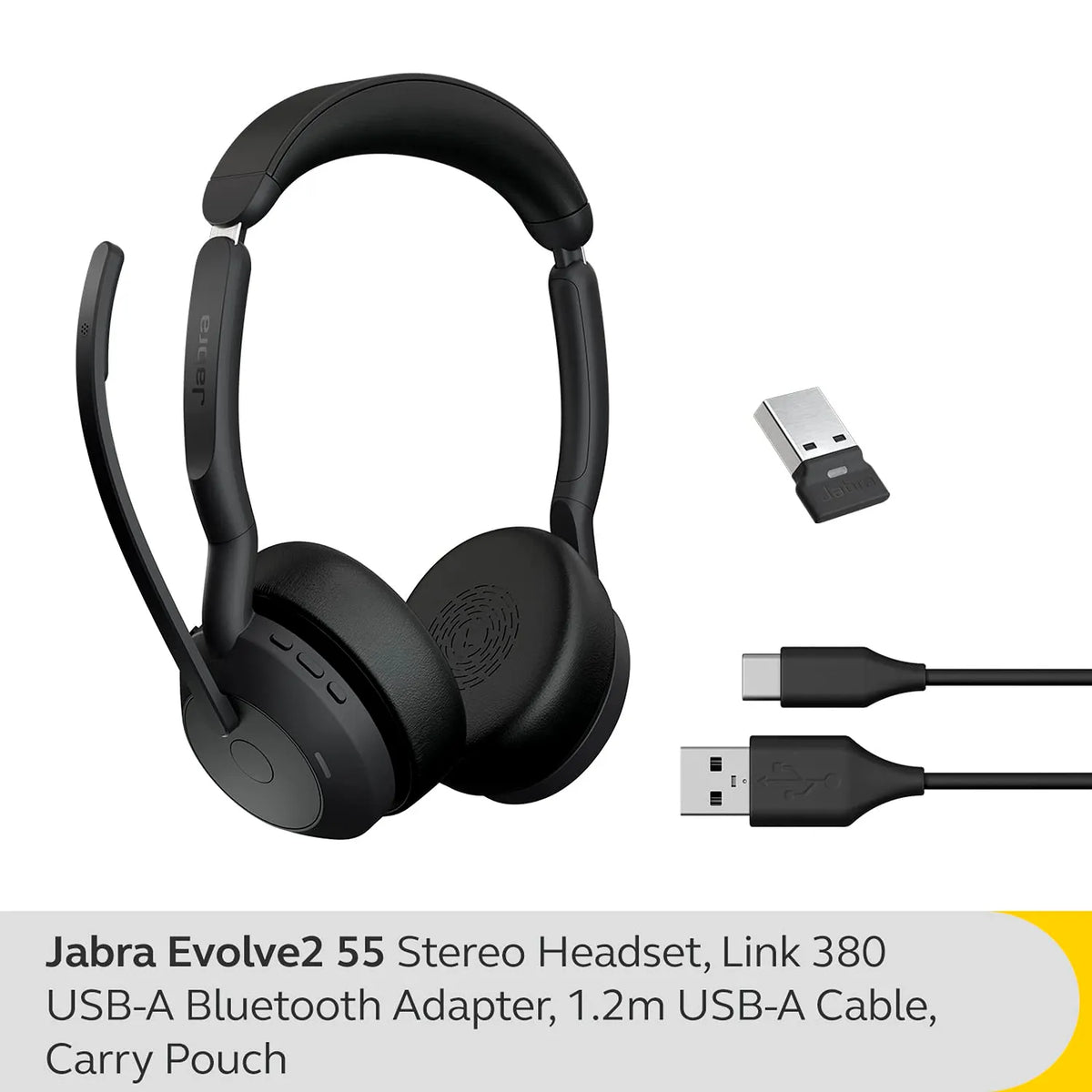 Jabra Evolve2 55 MS Stereo Headset package overview with Link 380 Bluetooth adapter and charging cable -tpstech.in