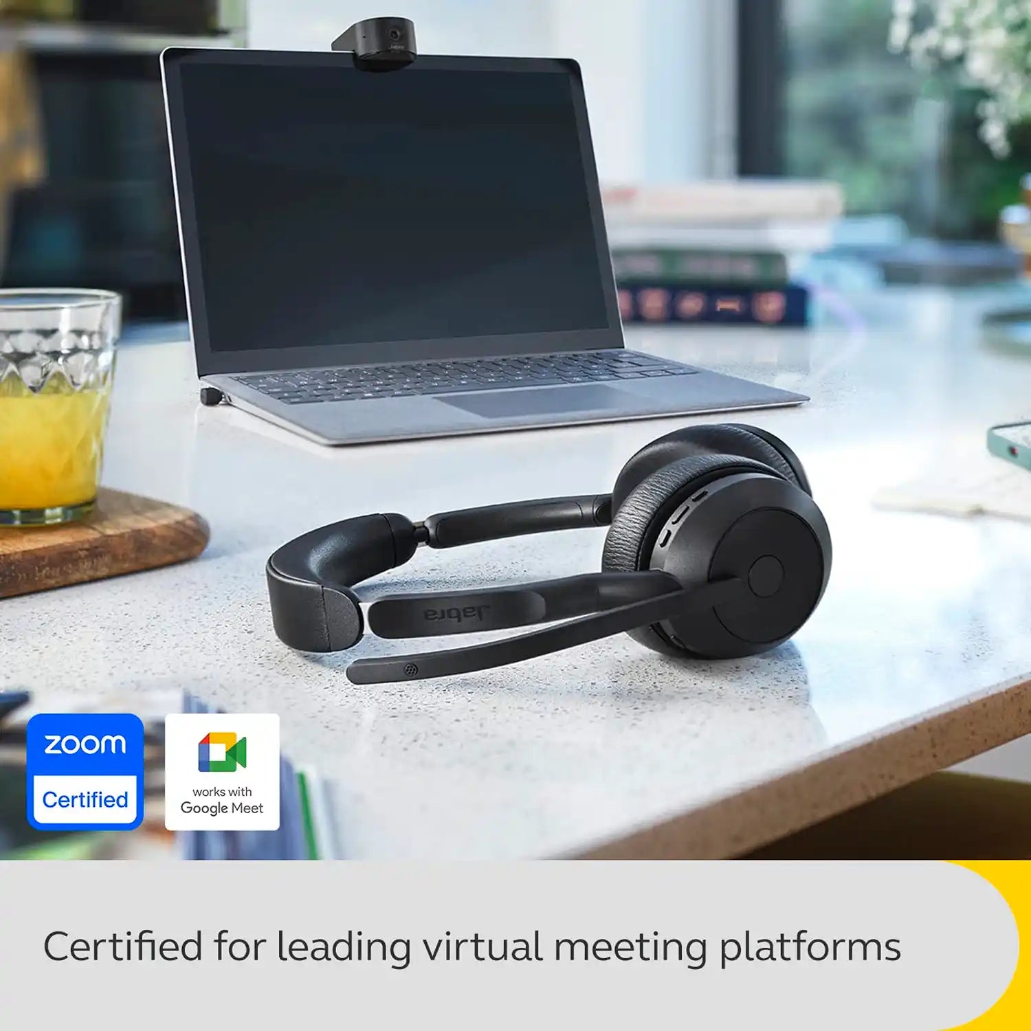 Jabra Evolve2 55 MS Stereo Bluetooth Headset resting on desk certified for Zoom and Google Meet -tpstech.in
