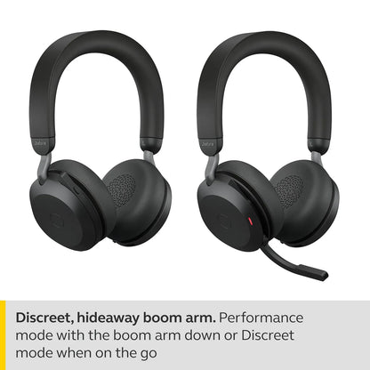 Comparison of Jabra Evolve2 75 UC Stereo Headset in discreet mode with retracted mic and performance mode with boom arm down -tpstech.in