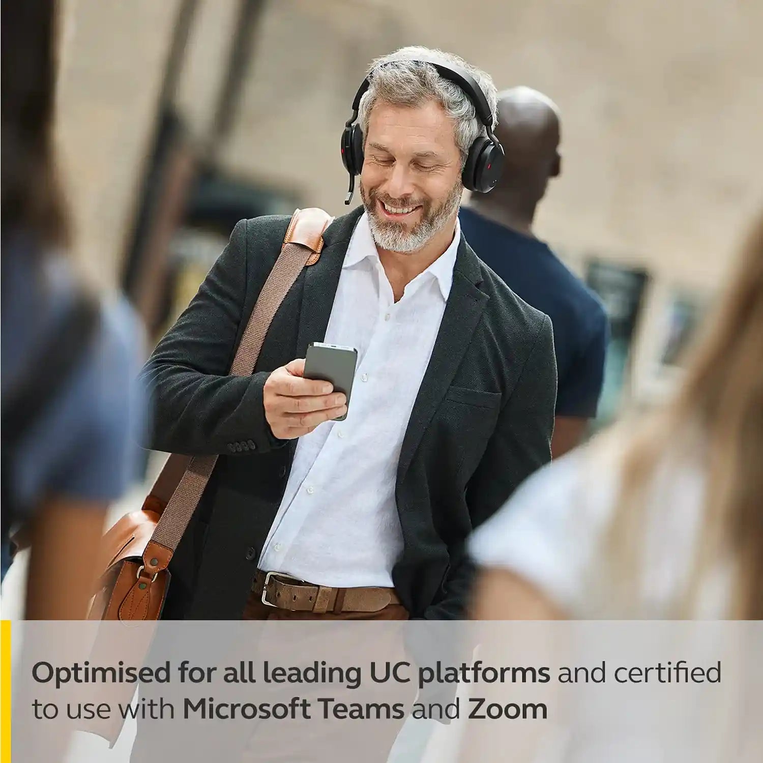 Business professional on the move wearing Microsoft Teams and Zoom certified Jabra Evolve2 75 UC Stereo Headset -tpstech.in