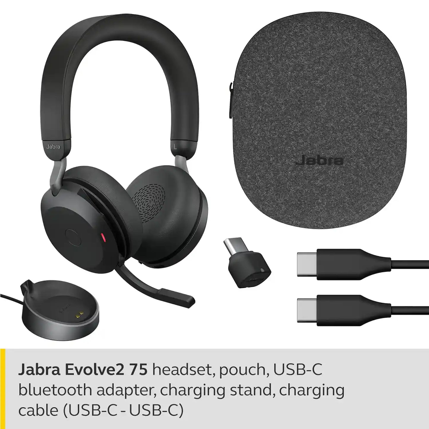 Jabra Evolve2 75 UC Stereo Wireless Headset package contents including carry pouch, charging stand, USB C adapter, and cable -tpstech.in