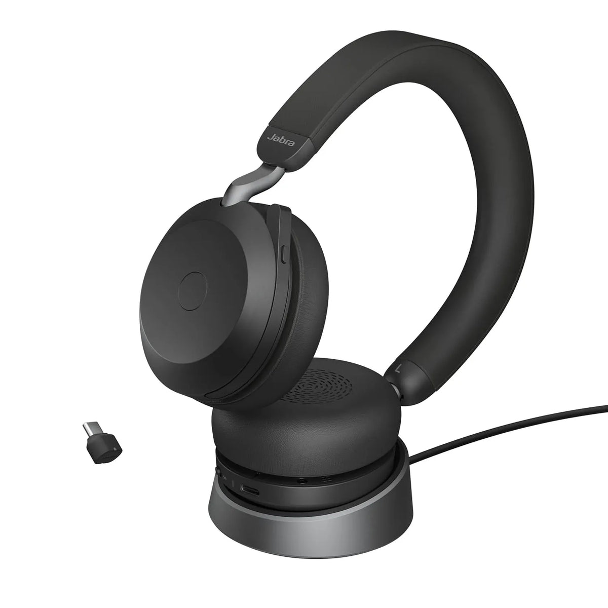 Jabra Evolve2 75 UC Stereo Wireless Headset resting on its charging stand with USB C Bluetooth adapter -tpstech.in