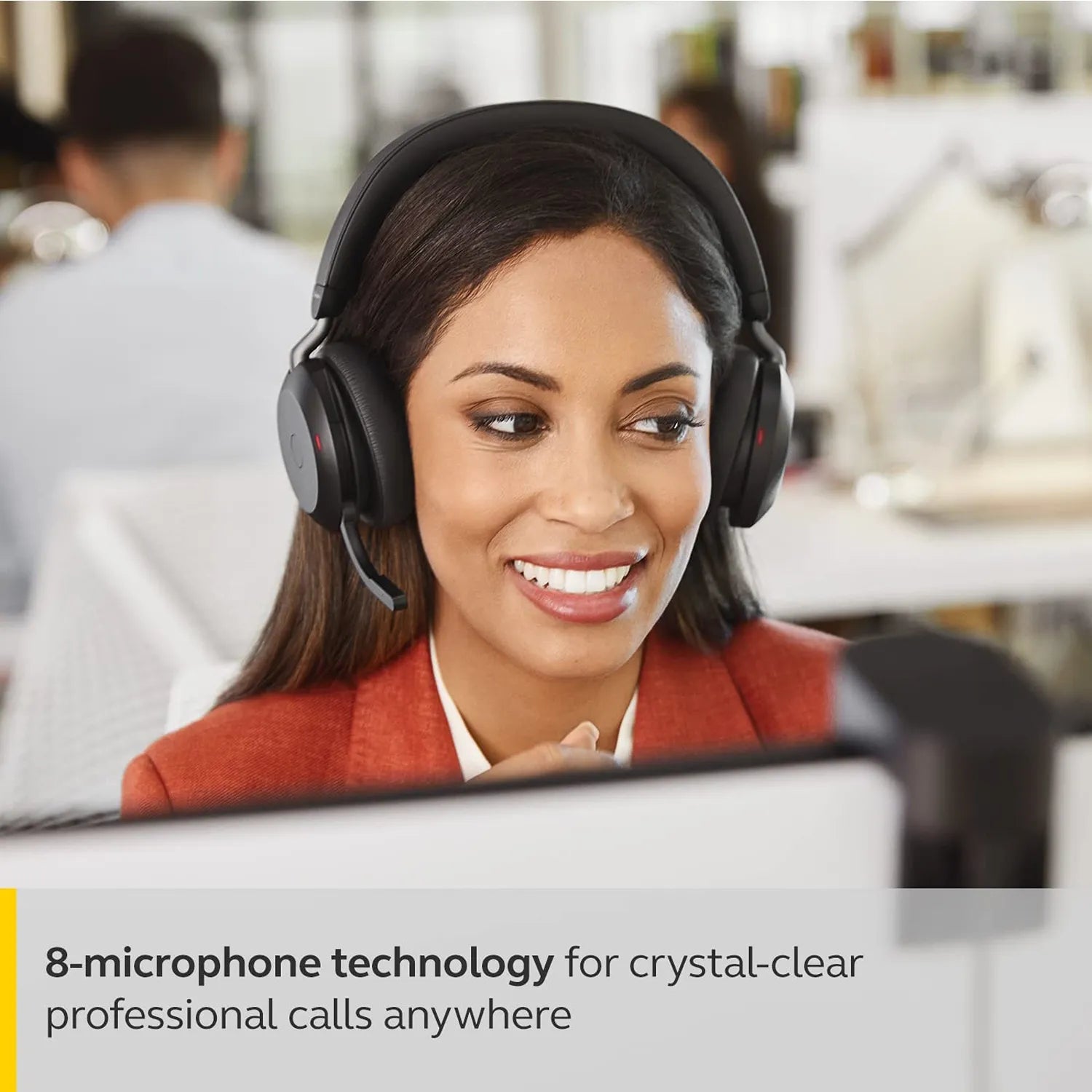 Professional using Jabra Evolve2 75 UC Stereo Headset featuring 8 microphone technology for clear office calls -tpstech.in