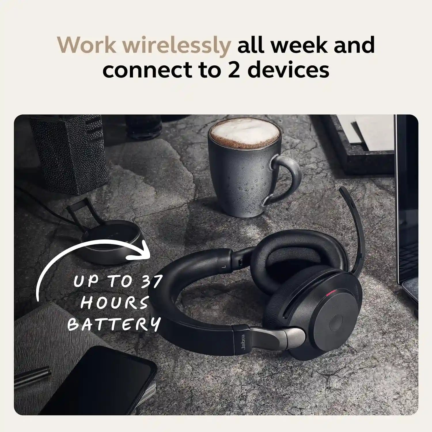 Jabra Evolve2 85 MS Stereo Headset resting on a work desk offering up to 37 hours of battery life -tpstech.in