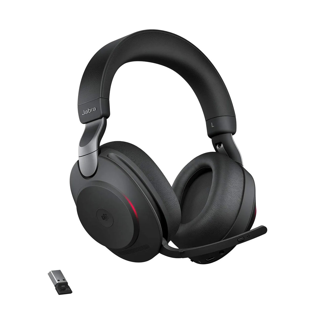 Jabra Evolve2 85 MS Stereo USB-A Headset in Black with boom mic down and USB-A Bluetooth adapter -tpstech.in
