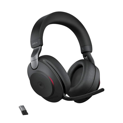 Jabra Evolve2 85 MS Stereo USB-A Headset in Black with boom mic down and USB-A Bluetooth adapter -tpstech.in