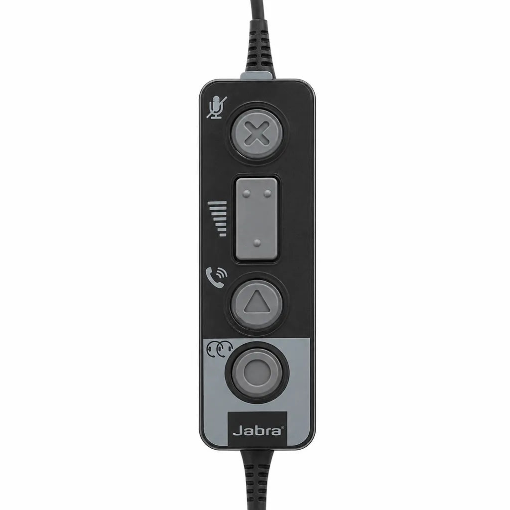 Close-up of Jabra Link 265 USB/QD Y-Training Cable inline control unit with call, mute and volume controls -tpstech.in