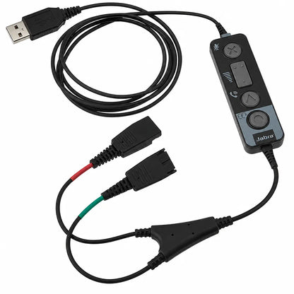 Angled view of Jabra Link 265 USB/QD Y-Training Cable 265-09 with USB connector, inline controls and dual headset connectivity -tpstech.in