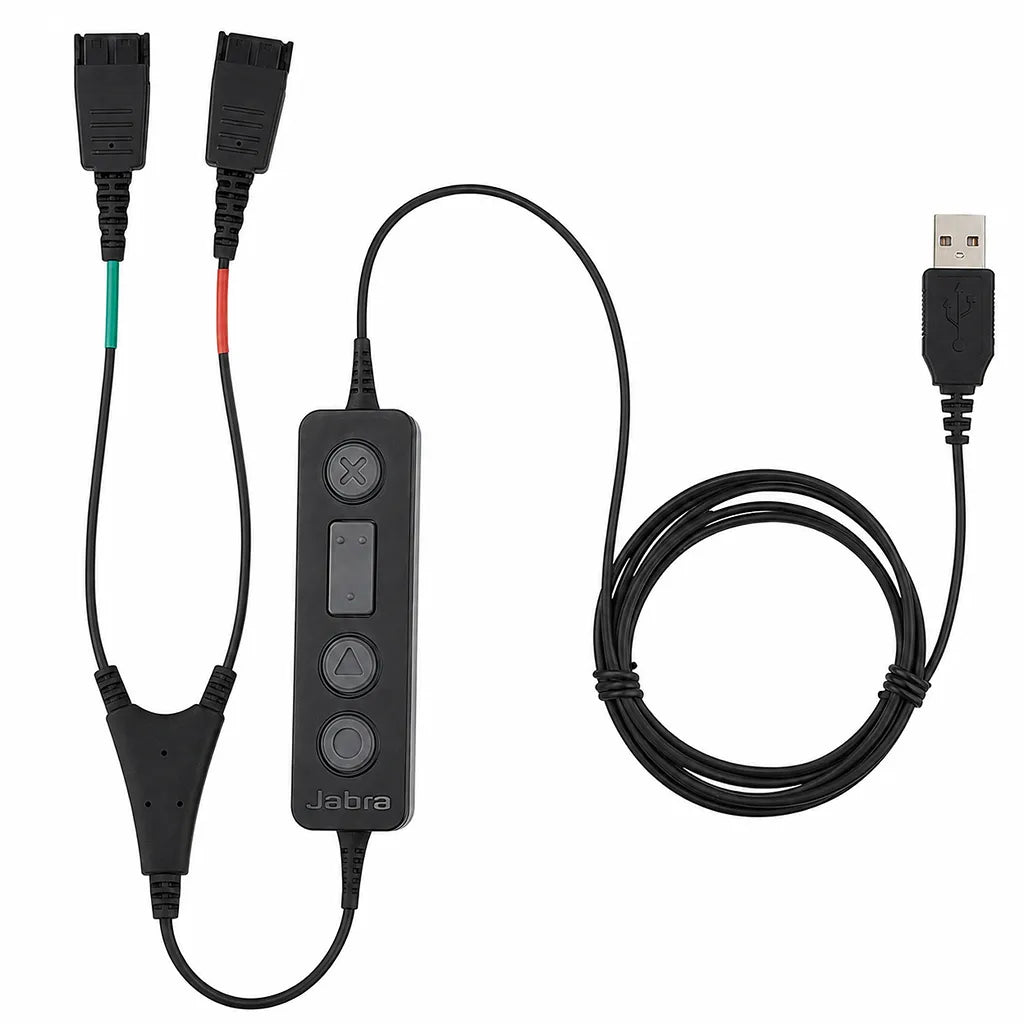 Complete layout of Jabra Link 265 USB/QD Y-Training Cable with USB connection, dual headset ports and inline controls -tpstech.in