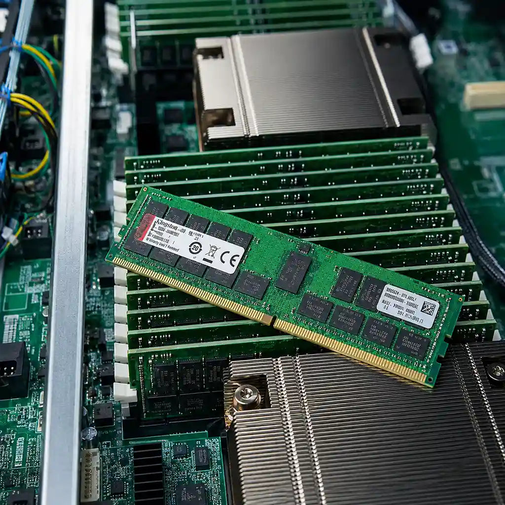 Kingston KSM56R46BS8-16HA DDR5 ECC Registered RDIMM memory module installed in a rack server motherboard for enterprise workloads (tpstech.in)
