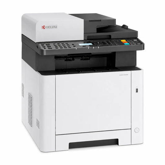 Front left angle view of KYOCERA ECOSYS MA2100cfx A4 colour multifunction laser printer with automatic document feeder and control panel.