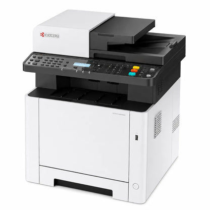 Front right angle view of KYOCERA ECOSYS MA2100cfx colour laser multifunction printer showing document feeder and USB port.