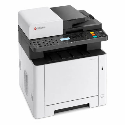 Left perspective view of KYOCERA ECOSYS MA2100cfx multifunction colour laser printer designed for business and office printing.
