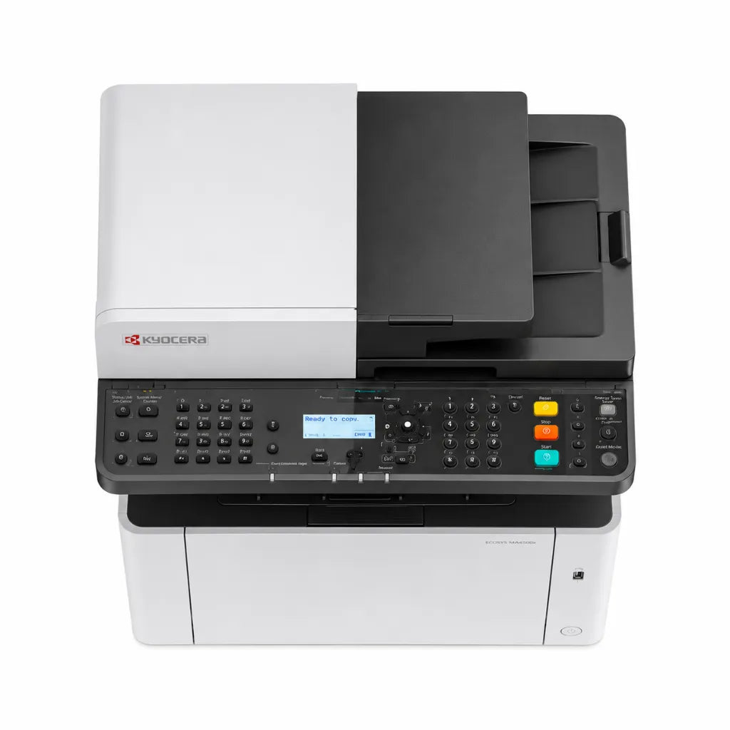 Top view of KYOCERA ECOSYS MA2100cfx colour multifunction laser printer showing control panel, document feeder and scanner lid.
