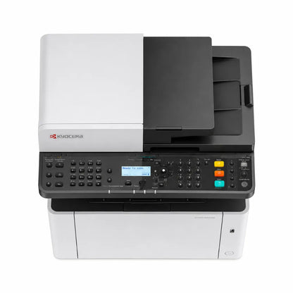 Top view of KYOCERA ECOSYS MA2100cfx colour multifunction laser printer showing control panel, document feeder and scanner lid.