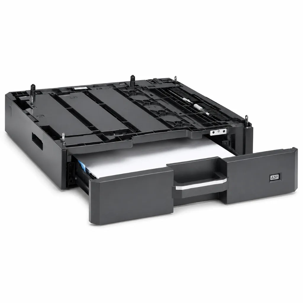 Kyocera PF-480 300 sheet paper feeder open left angle view showing paper cassette for TASKalfa printers