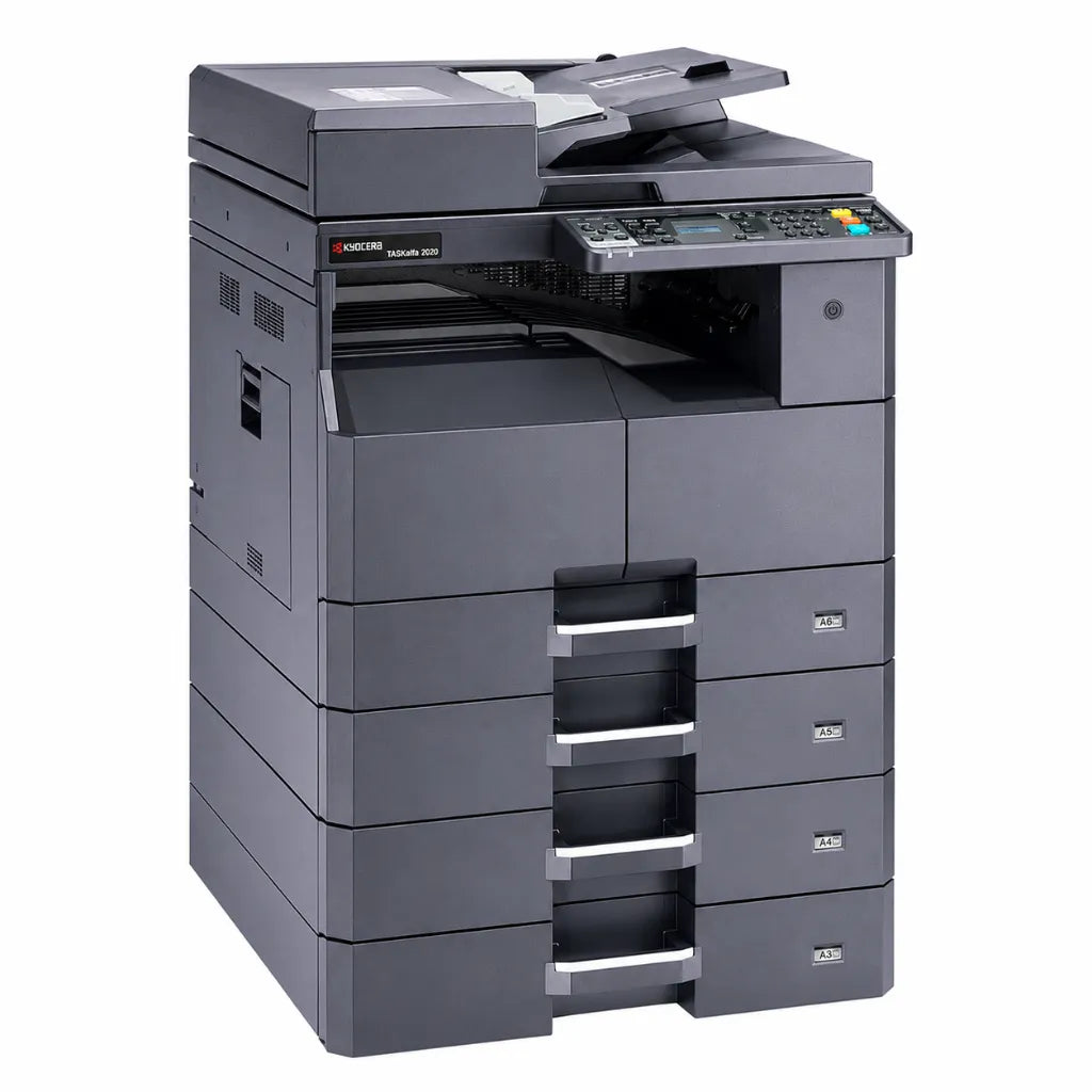 KYOCERA TASKalfa 2020 A3 monochrome multifunction laser printer front left view with print, copy and scan functions for office use.