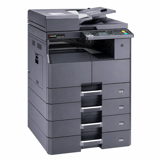 KYOCERA TASKalfa 2020 A3 monochrome multifunction laser printer front left view with print, copy and scan functions for office use.