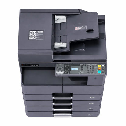 Front view of KYOCERA TASKalfa 2020 A3 monochrome multifunction printer featuring LCD control panel and automatic document feeder.