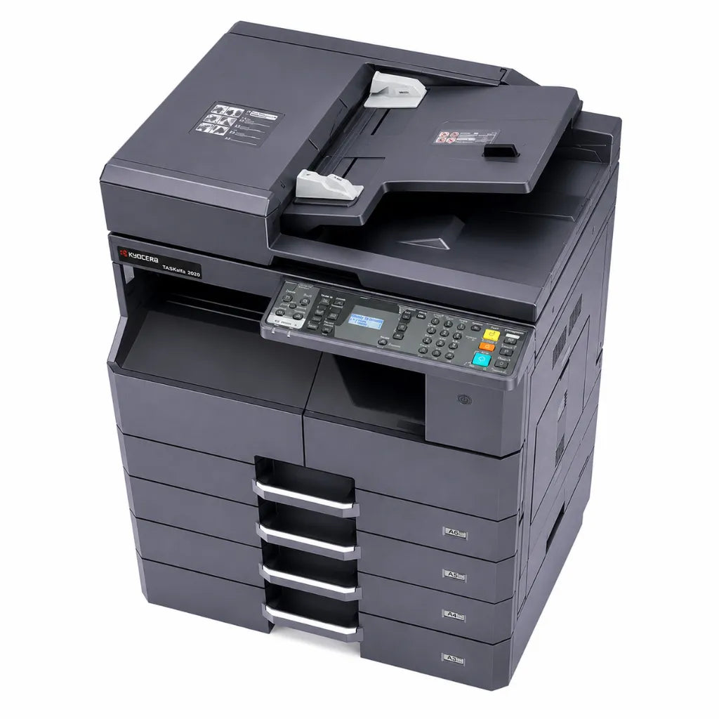Top front right view of KYOCERA TASKalfa 2020 multifunction laser printer showing document feeder and operator control panel.