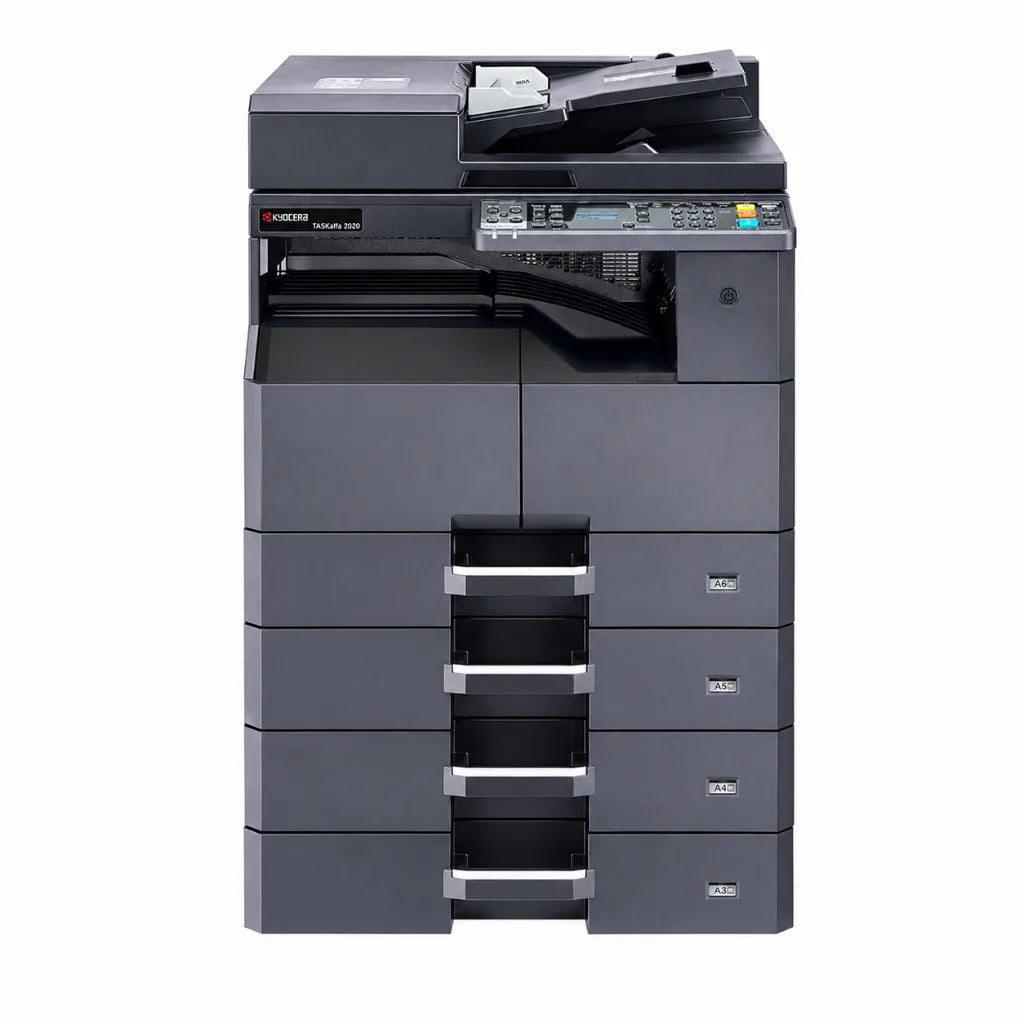 KYOCERA TASKalfa 2020 A3 monochrome laser multifunction printer front view with multiple paper trays for office document workflows.