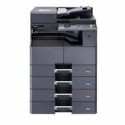 KYOCERA TASKalfa 2020 A3 monochrome laser multifunction printer front view with multiple paper trays for office document workflows.