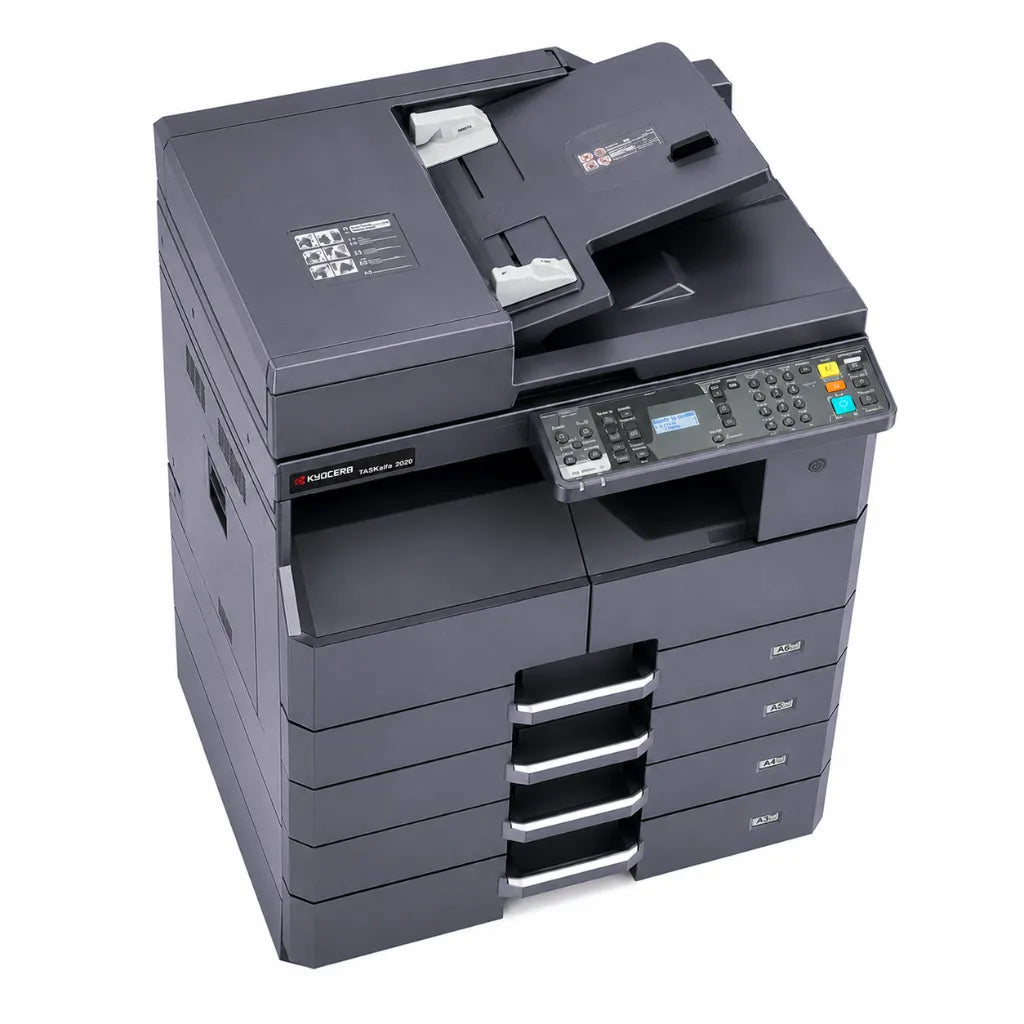 Top left perspective view of KYOCERA TASKalfa 2020 A3 multifunction laser printer with document feeder and intuitive control panel.