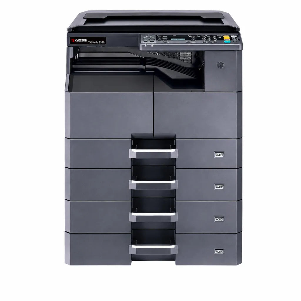 KYOCERA TASKalfa 2320 A3 monochrome multifunction laser printer front view for office printing, copying and color scanning.