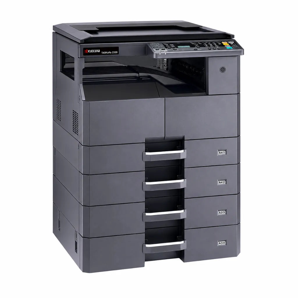 Left front angle view of KYOCERA TASKalfa 2320 A3 monochrome multifunction laser printer with multiple paper drawers.