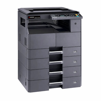 Left front angle view of KYOCERA TASKalfa 2320 A3 monochrome multifunction laser printer with multiple paper drawers.