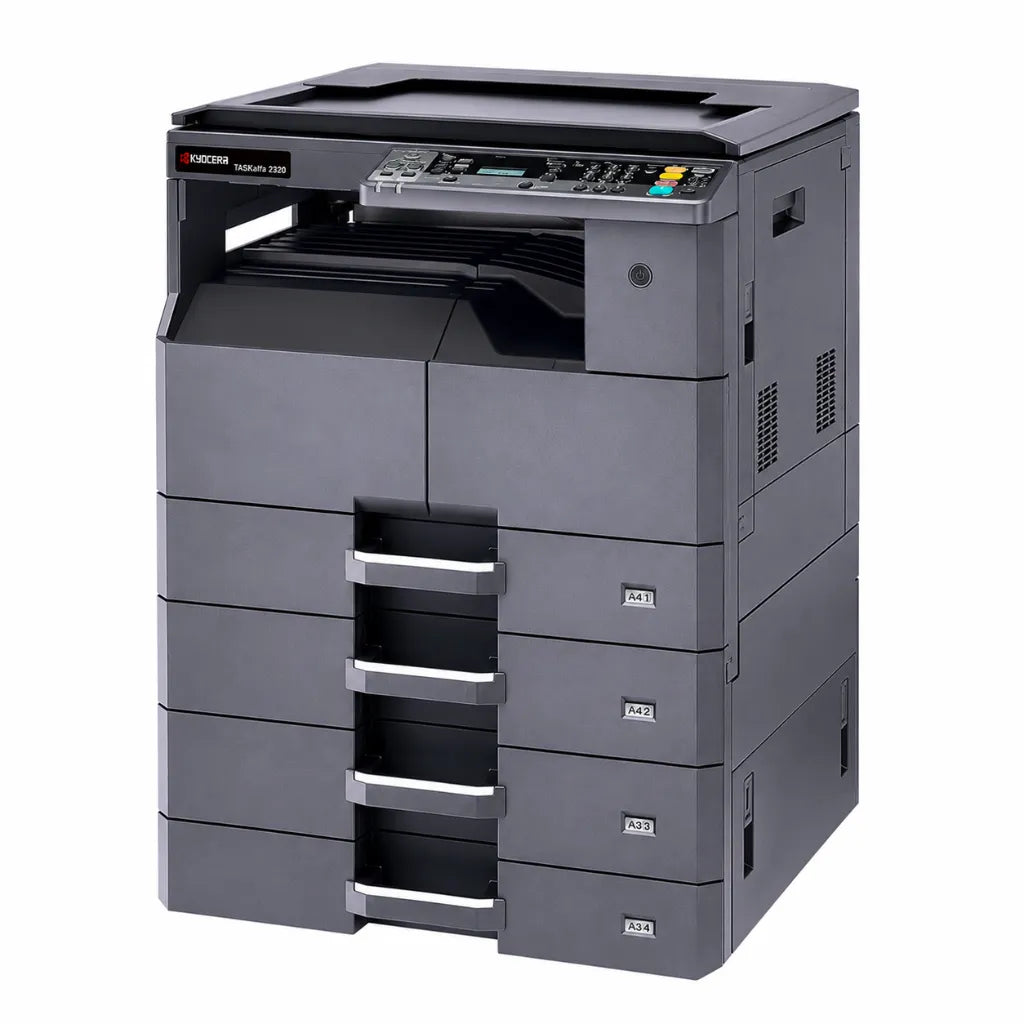 Right front perspective of KYOCERA TASKalfa 2320 A3 multifunction laser printer designed for business and office use.