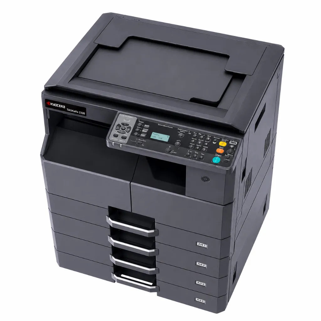 Top left angle view of KYOCERA TASKalfa 2320 monochrome multifunction printer with integrated control panel and paper trays.