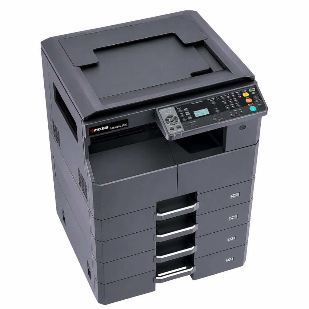 Top right angle view of KYOCERA TASKalfa 2320 A3 monochrome laser multifunction printer for professional office environments.