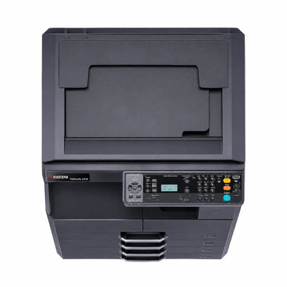 Top view of KYOCERA TASKalfa 2320 A3 multifunction printer highlighting the scanner lid and intuitive control panel.