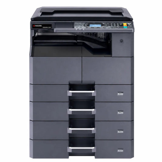 KYOCERA TASKalfa 2321 A3 monochrome multifunction printer front view with print, copy and scan functionality for office use.