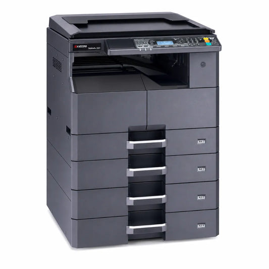 Front left angle view of the KYOCERA TASKalfa 2321 A3 monochrome multifunction printer with multiple paper drawers and control panel.